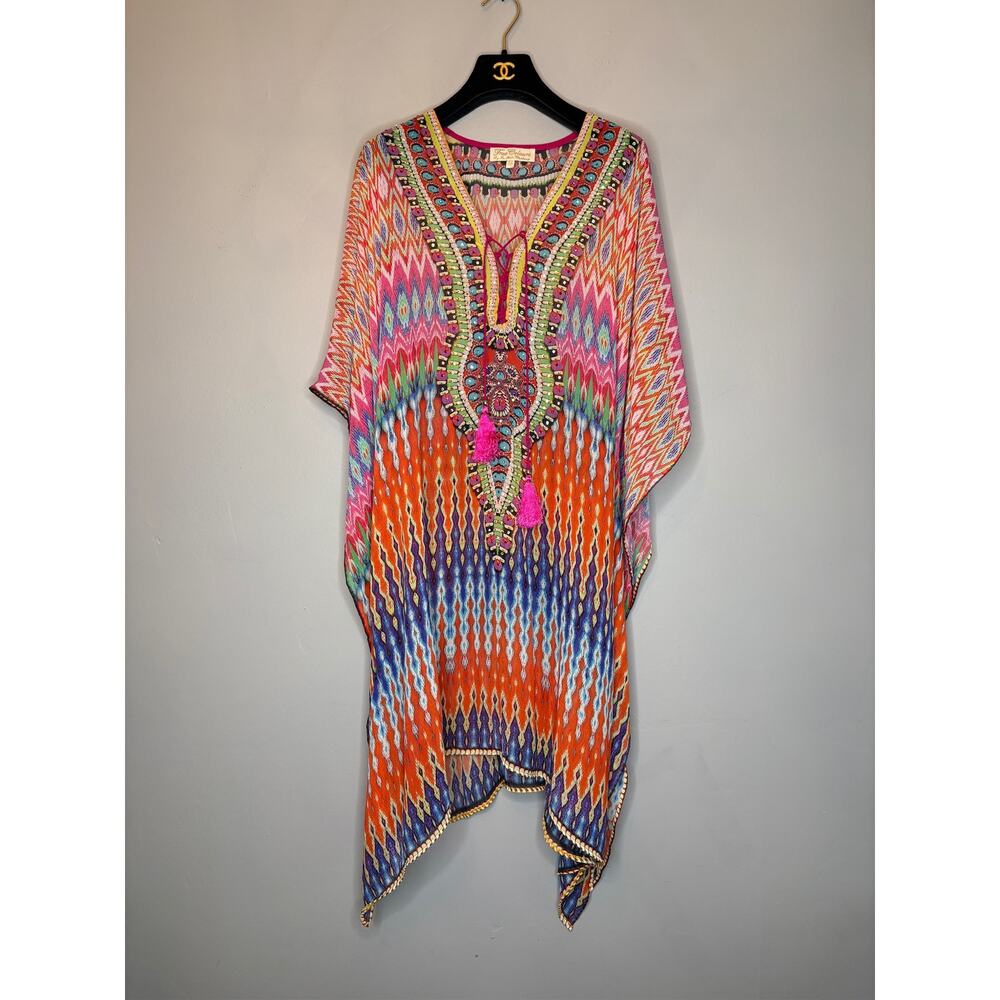 La Moda Women’s Vibrant Bohemian Kaftan Beach Cover-Up with Tassels One Size
